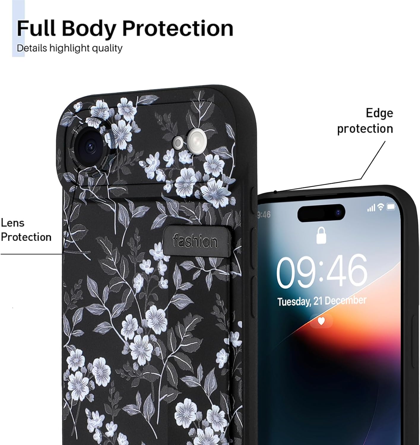 Compatible with iPhone Air Case for Women Men, Cute White Flower Floral Pattern, Built in Adjustable Metal Wrist Strap Grip Hand Holder Kickstand Soft Silicone Cover 6.5 Inch, Black - Image 2