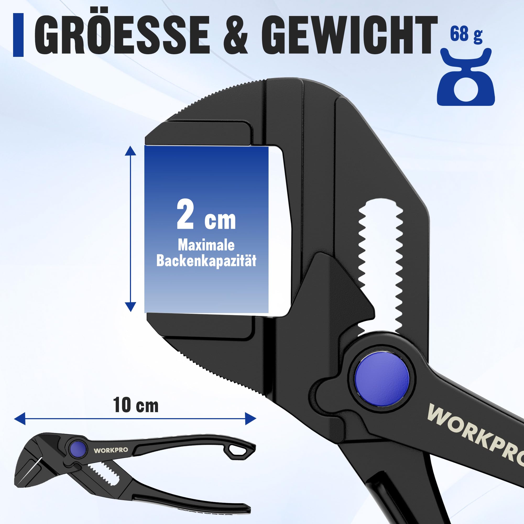 WORKPRO 100 mm Mini-Zangenschlüssel, Verstellbarer Zangenschlüssel, EDC, Ratschenfunktion, selbstjustierende Backen, max. Spannweite 20 mm, Doppelgriff für kraftsparendes Arbeiten