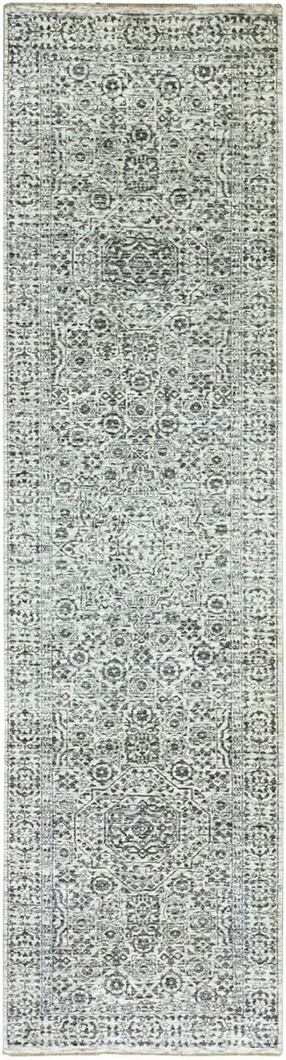 Peppermint White Mamluk Dynasty Tone on Tone Design Undyed Wool Hand Knotted Runner Rug (2'8"x10')
