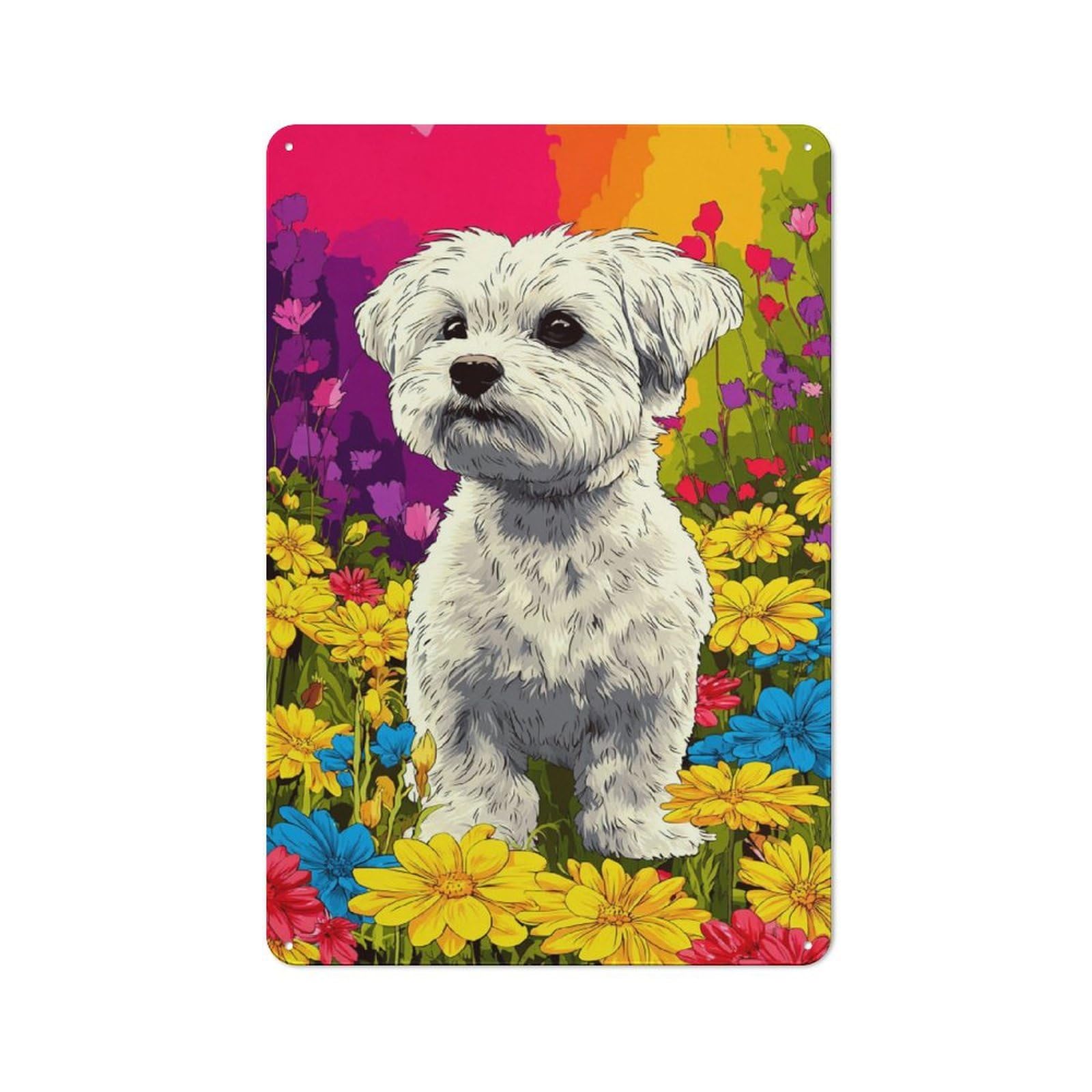Junmoney Floral Fantasy With White Pup -1 Vintage Metal Plaque 30X20cm For Café Or Restaurant, A Decorative Gift For A Newly Furnished Café And Restaurant