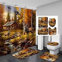 Vista 21 de Camille&Andrew - Juego de 4 cortinas de ducha de tela de ciervo rústico negro, alce, alce, pino, luna, casa de campo, panel rústico, tablero