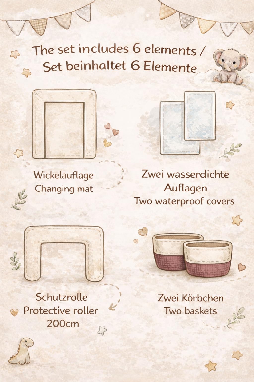 Wickelauflage Set 6-teilig – Wickelunterlage aus Waffelstoff & Frottee mit Druckknöpfen – Baby Wickelauflage – Wickeltischauflage – 75x75 cm (Breite x Tiefe), Hellbeige