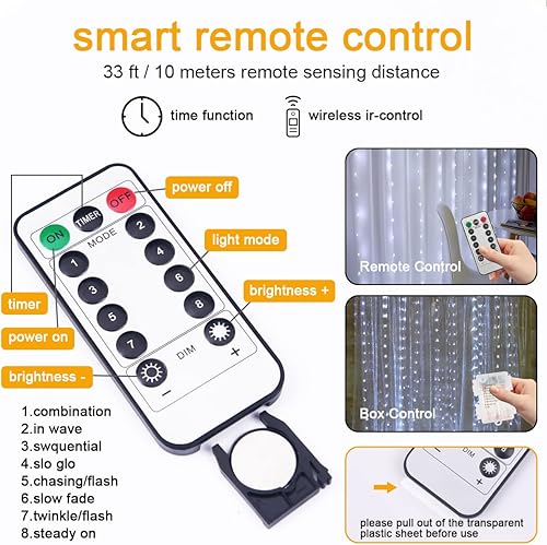 Miniatura 3 de Vicloon Cortina de luces de hadas, 300 luces LED blancas, 8 modos de 9.8 x 9.8 pies, impermeable, para ventana, funciona con USB, con control