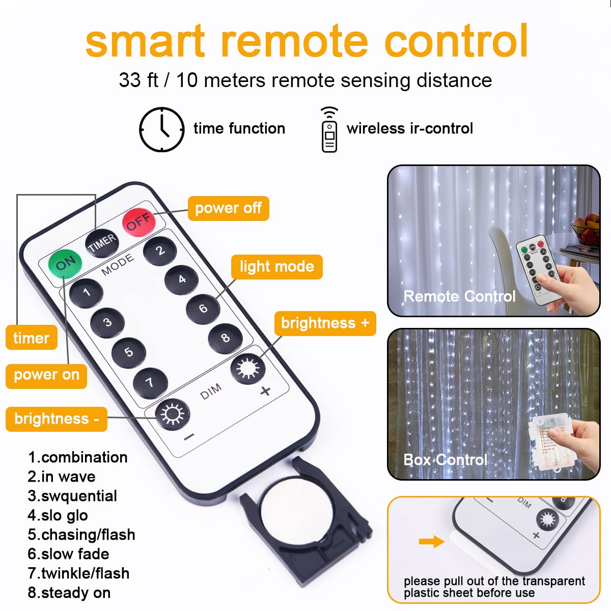 Aomig Cortina de Luces USB, 3m*3m 300 LED Luces LED de Cadena de Cortina,8 Modos de Luz con Control Remoto,Impermeable Cadena de Luces para Decoración Ventana, Interiores,Navidad,Fiestas
