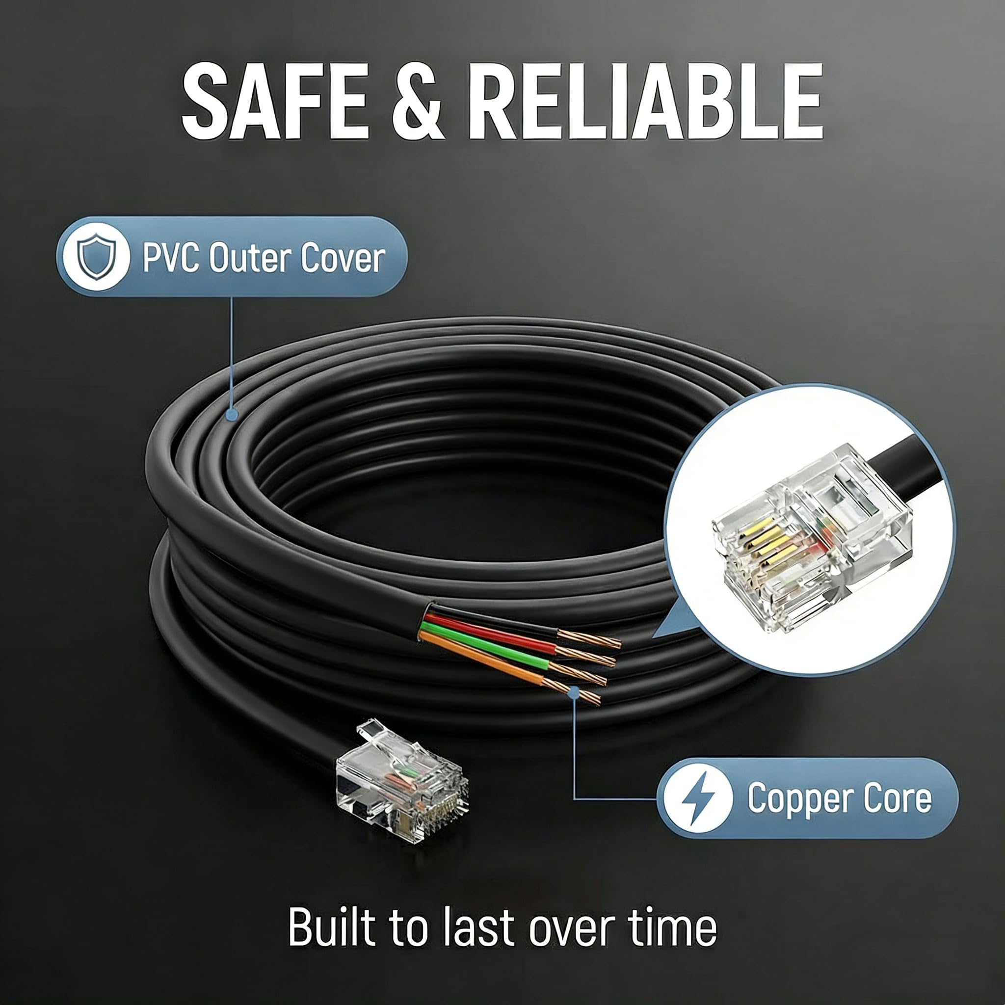 ZTOXLR Phone Extension Cord 15 FT Long Phone Cable Line Wire, with Standard RJ11 Plug andIncludes Telephone Inline Coupler RJ11 Splitter and 15 Cable Clip Holders, Black - 5