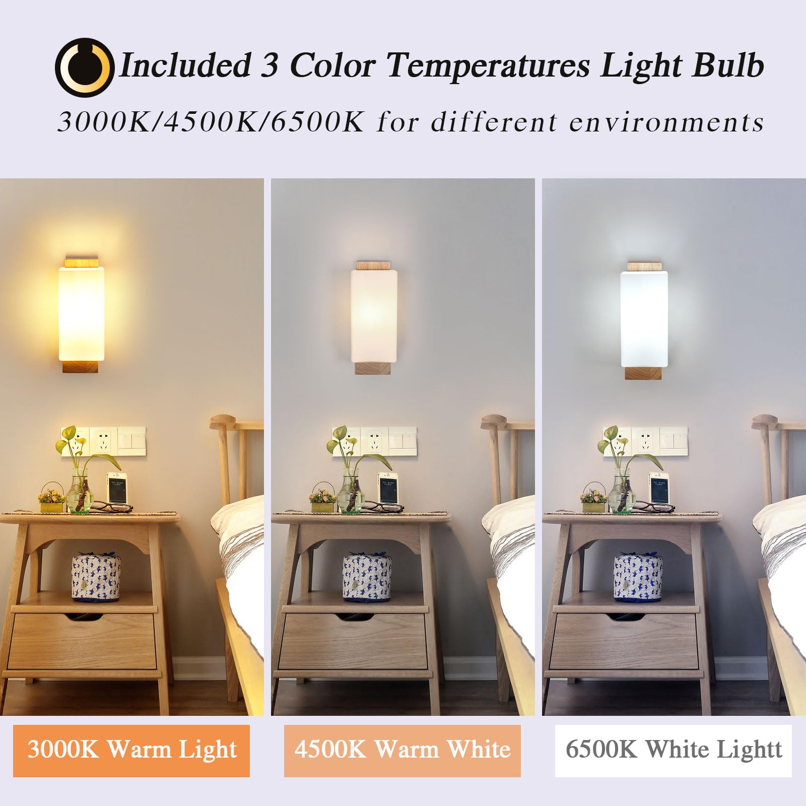 Toolight Applique da Parete Interno Vintage, 12W Lampada LED Parete Legno, Dimmerabile Applique Camera da Letto Moderna Temperature 3 Colori per Dormitorio Soggiorno Corridoio con E27 Lampadina