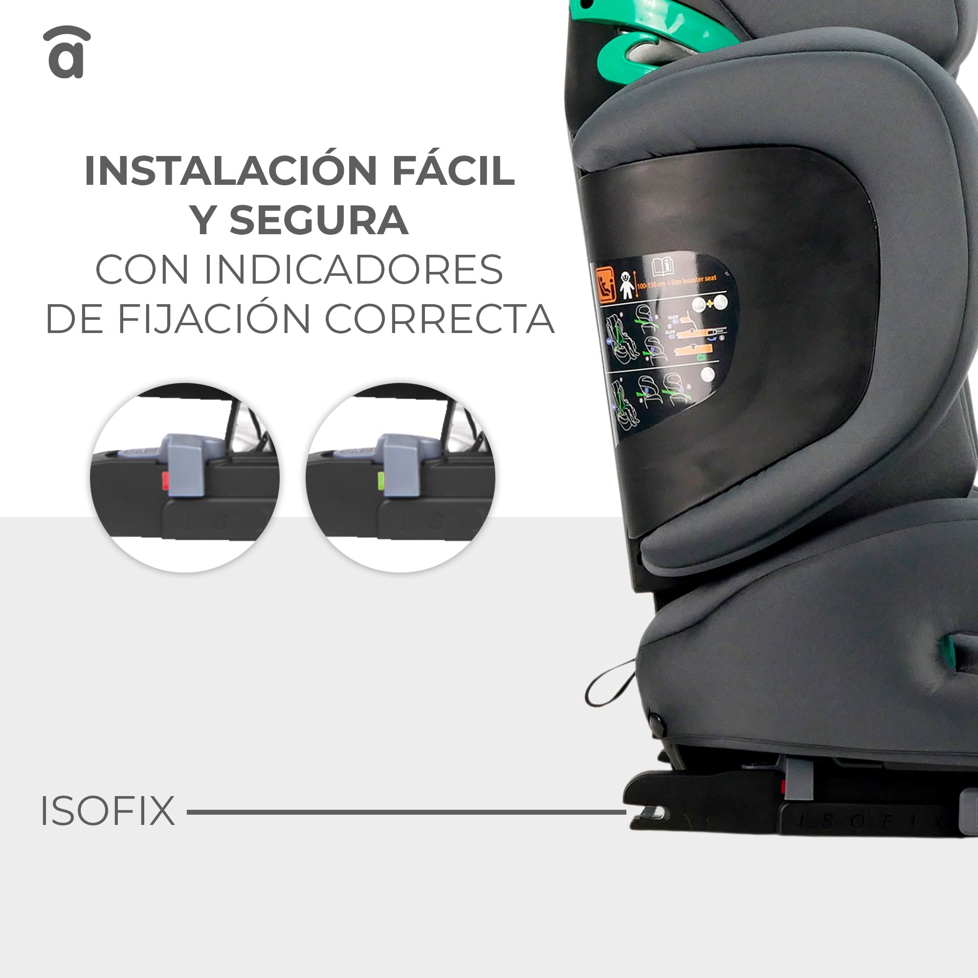 Silla de coche i-Size Isofix 100-150 cm, Homologada ECE R129, protección lateral y cervical, reposacabezas 21 cm, respaldo plegable, alas abatibles, Poe Fix Gris Asalvo