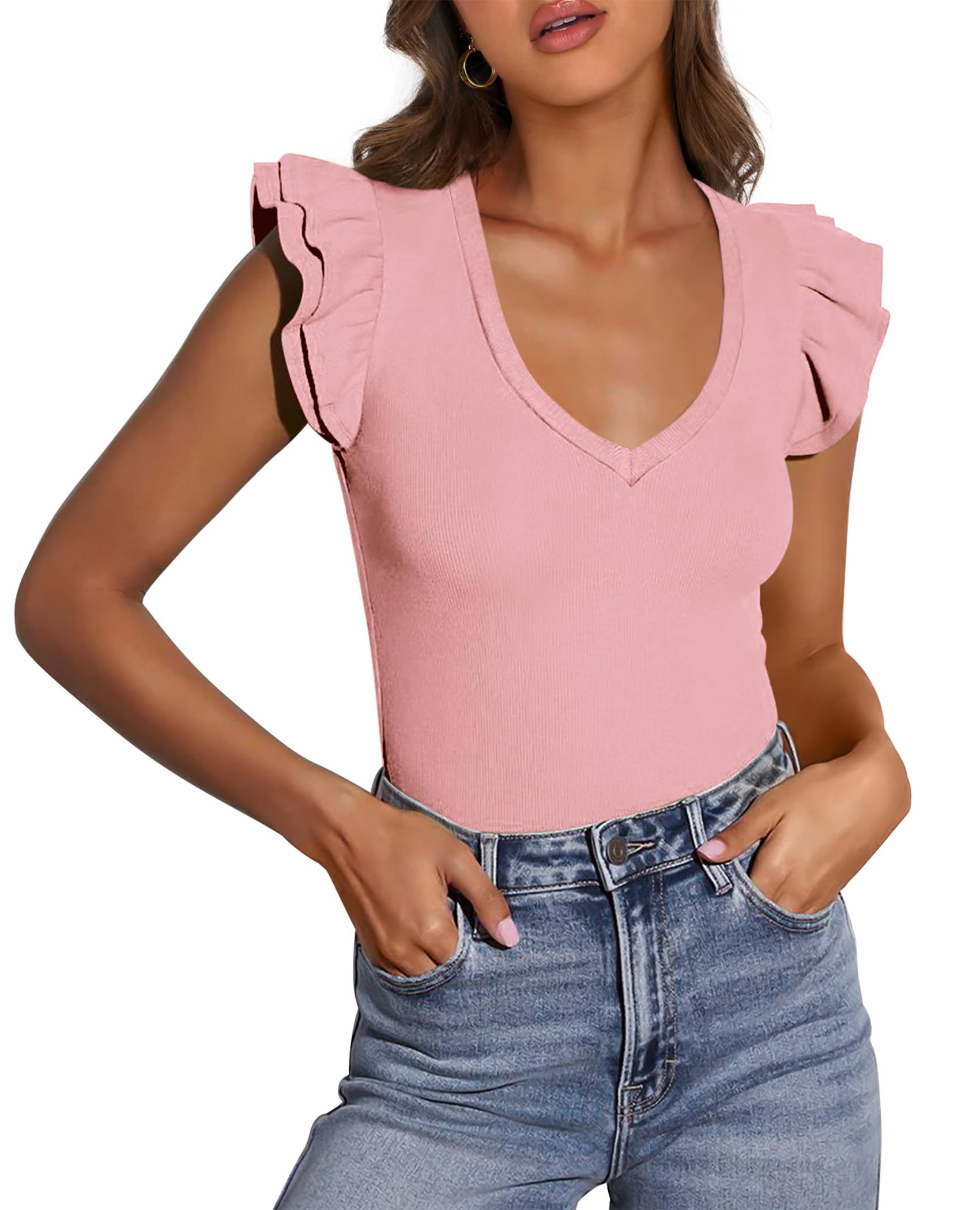 PRETTYGARDEN Womens V Neck Summer Tops Ruffle Sleeveless Slim Fit T Shirts Going Out Casual Blouses 2025