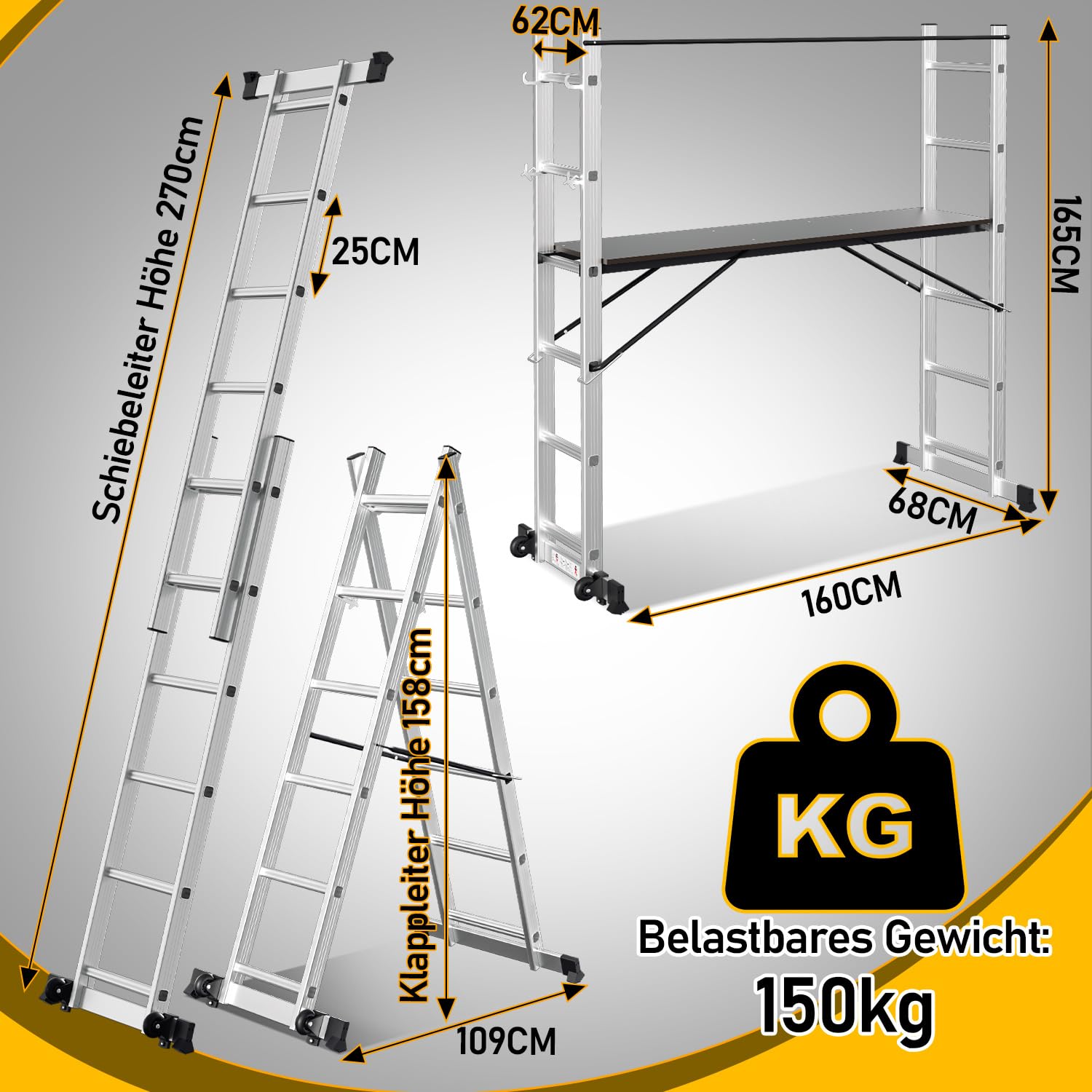 Rusztowanie mobilne 4 w 1, wysokość robocza 3 m, aluminium, srebrny