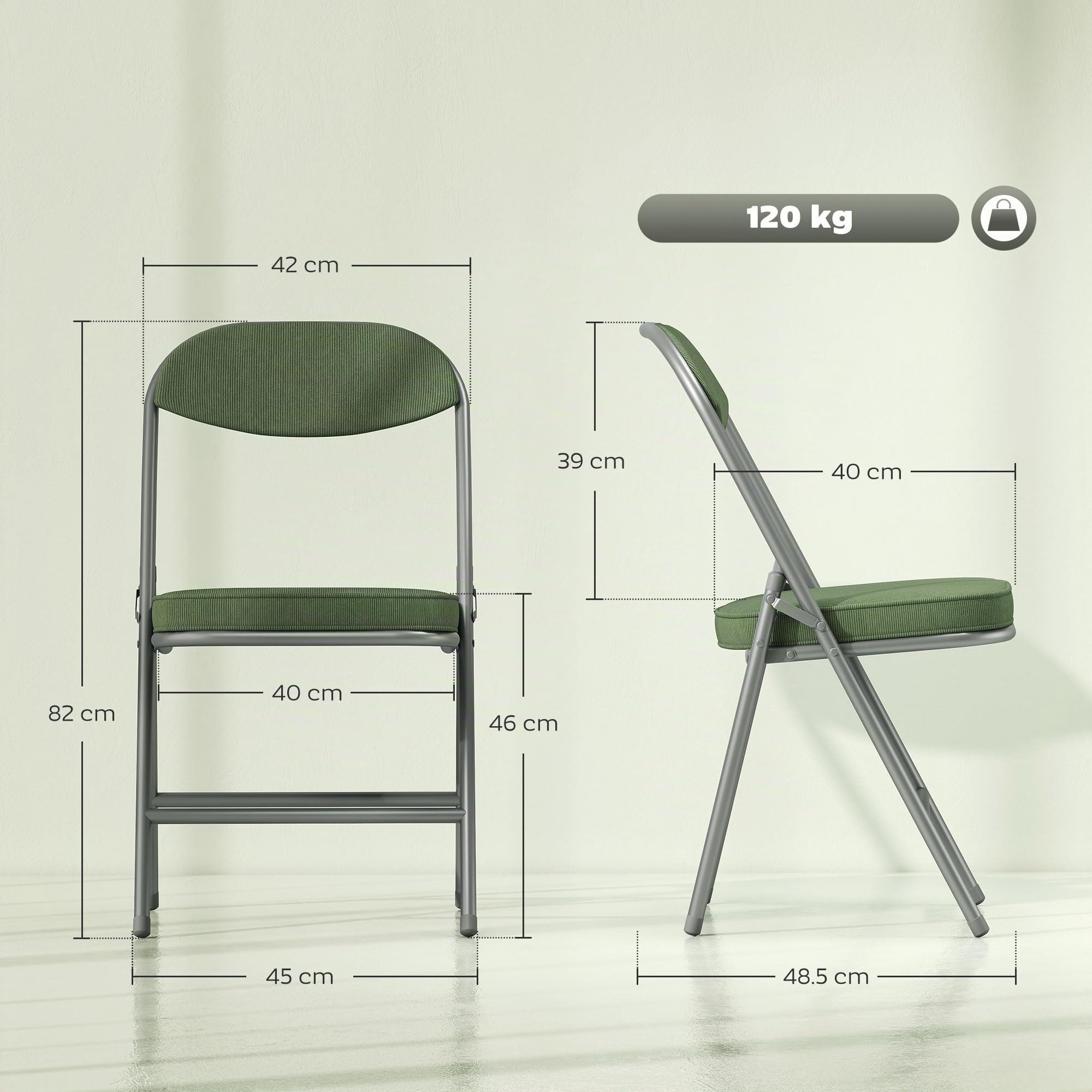 HOMCOM Set di 4 sedie pieghevoli per sala da pranzo portatili con sedute e schienale imbottiti in velluto a coste e telaio in acciaio, carico fino a 120 kg, verde
