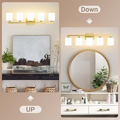 Miniatura 22 de Quntis Lámparas de baño negras de 4 luces con 5 modos de color, lámpara de tocador moderna regulable de 27 pulgadas sobre espejo, lámpara de pared