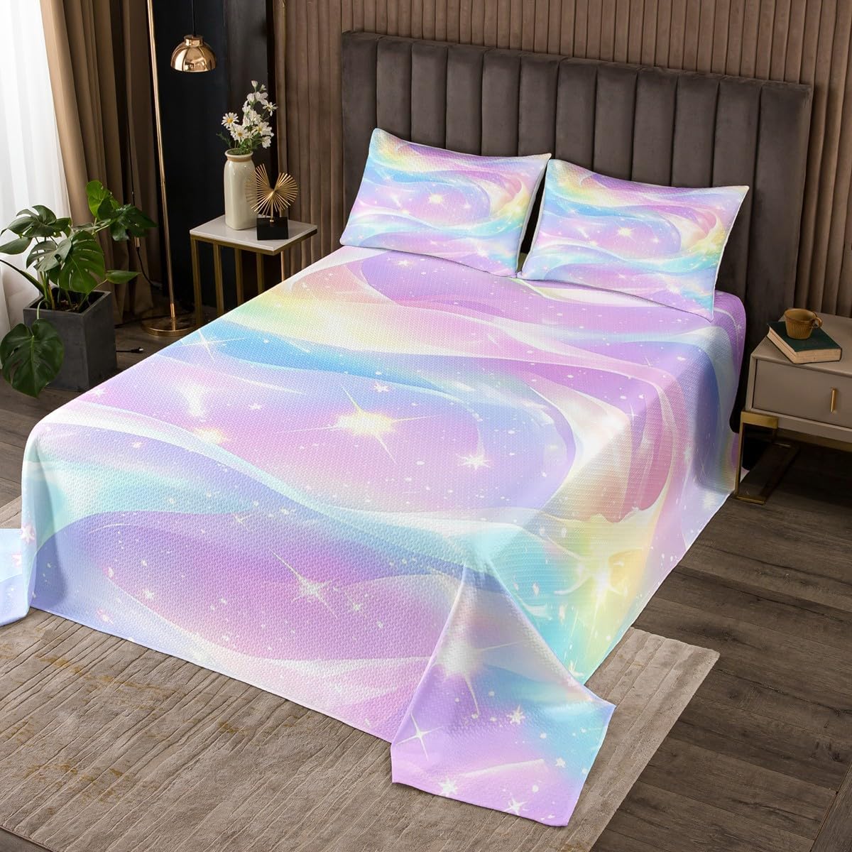 Erosebridal Colorful Gradient Queen Quilt Set for Girls Women, Pastel Rainbow Bedspread Set for Kids, Iridescent Love Heart Printed Coverlet Set All-Season, Romantic Bedroom Decor