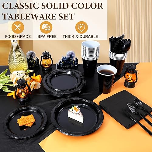Miniatura 2 de Juego de vajilla desechable negra de 212 piezas, suministros para fiesta, 30 platos de plástico negro, utensilios y servilletas negras de 12 onzas,