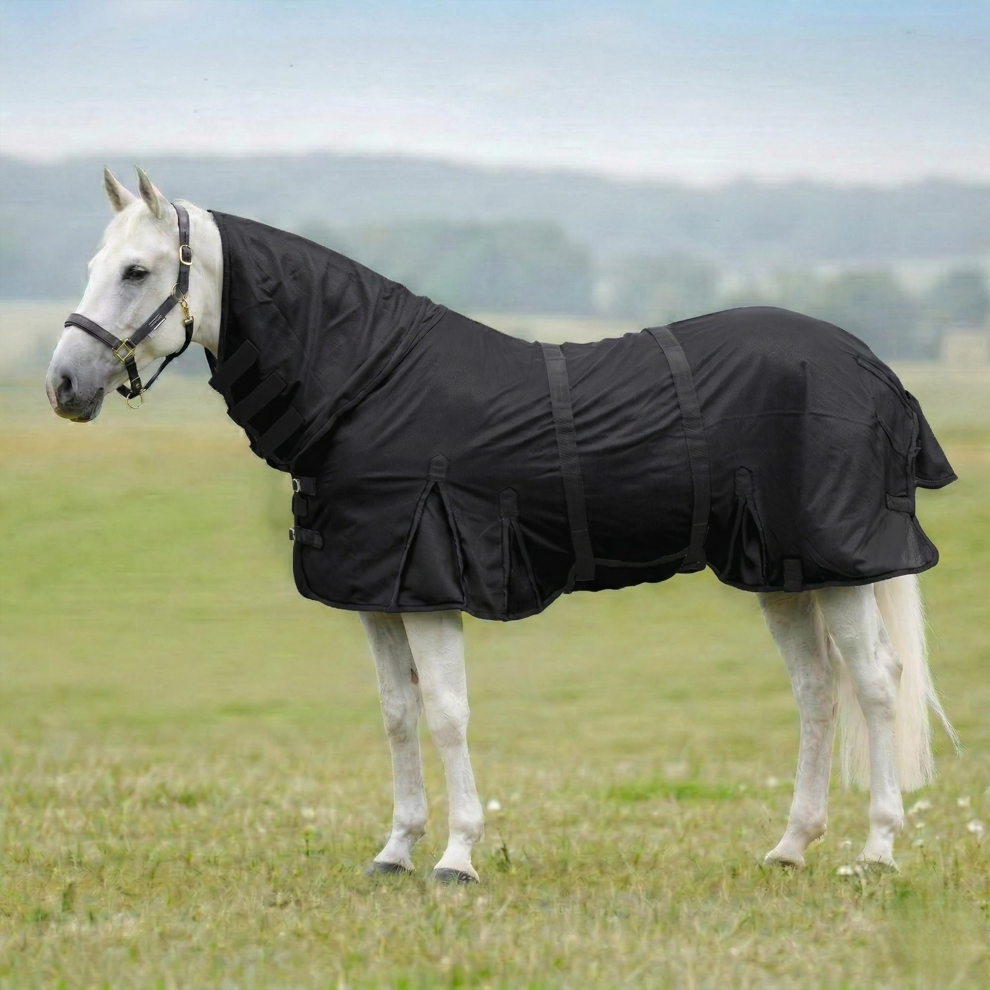 Horse Fly Sheet with Attached Neck Cover &amp; Tail Flap | UV Protection Mesh Horse Blanket, Full Body Bug &amp; Sun Shield, Buckles, Belly Wrap &amp; Gussets for Spring Summer Riding Rug (Black, 68")