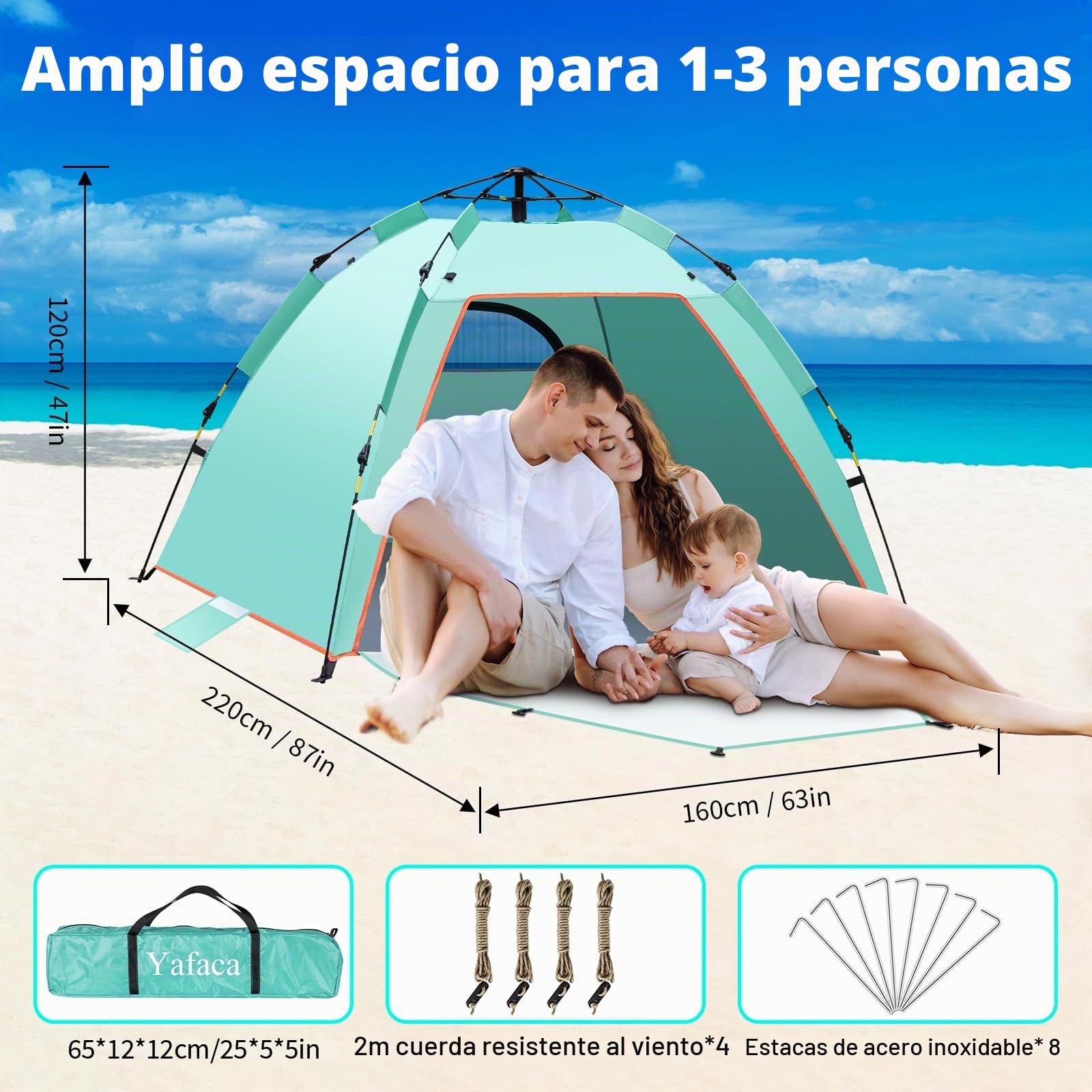 Yafaca Tienda de campaña desplegable UV 50+ para 1-3 personas, automática, extra grande, portátil, refugio solar, 2 puertas, ligera, fácil de instalar