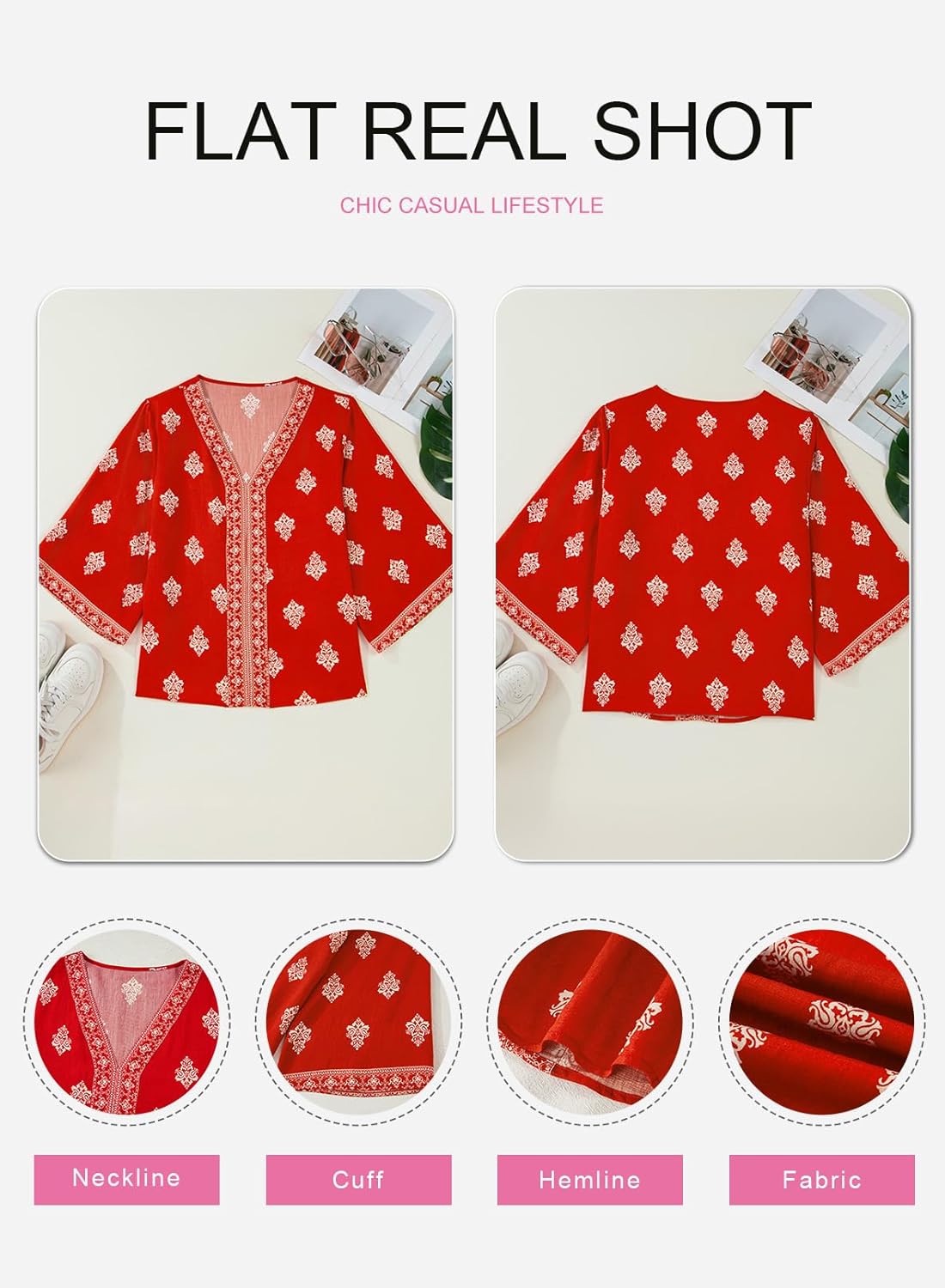 SHEWIN Womens Summer Tops Casual Floral Print Deep V Neck 3/4 Sleeve Blouses Dressy Boho Vacation Tunic Tops - Image 6