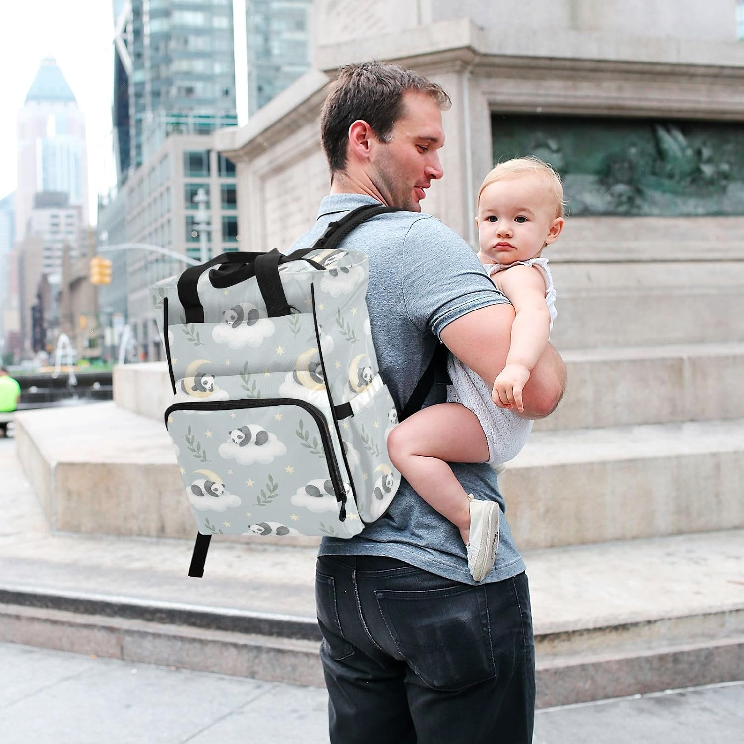 SPRIPORT Panda Cloud Leaves Gray Pattern Diaper Bag Backpack for Baby Boys Girls Travel Tote with Stroller Straps & Bottle Storage Maternity Baby Changing Bags for Moms Dads Traveling Shopping Hiking