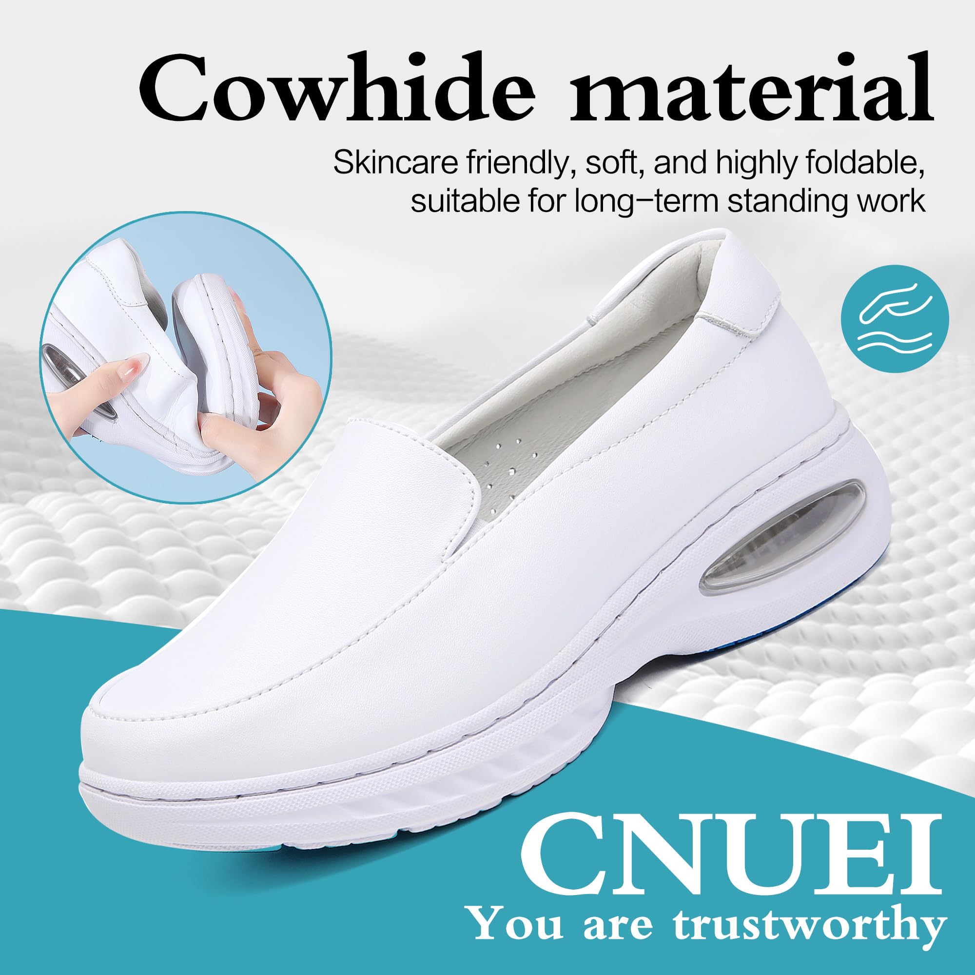 cnuei Women's Nurse Shoes Comfortable Leather Nurses Air Cushion Shoes Non-Slip Waterproof Restaurant Work Shoes Women's Service Shoes Lightweight Casual Shoes Hospital Work Healthcare Shoes White 39