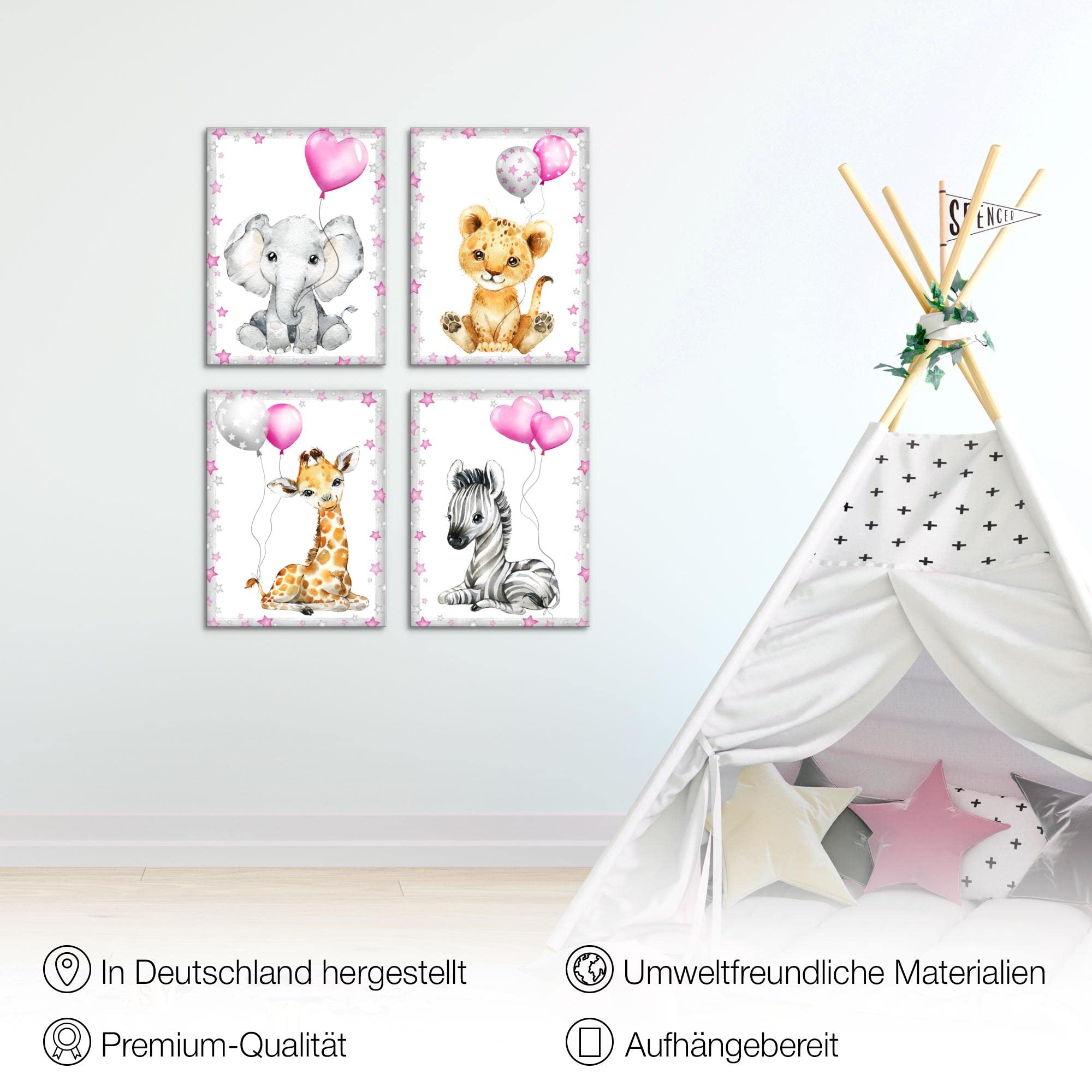 Novart Bilder Tiere - Fertig Zum Aufhängen - Kein Extra Rahmen benötigt - Wandbilder Set Kinderzimmer Mädchen - N016647a