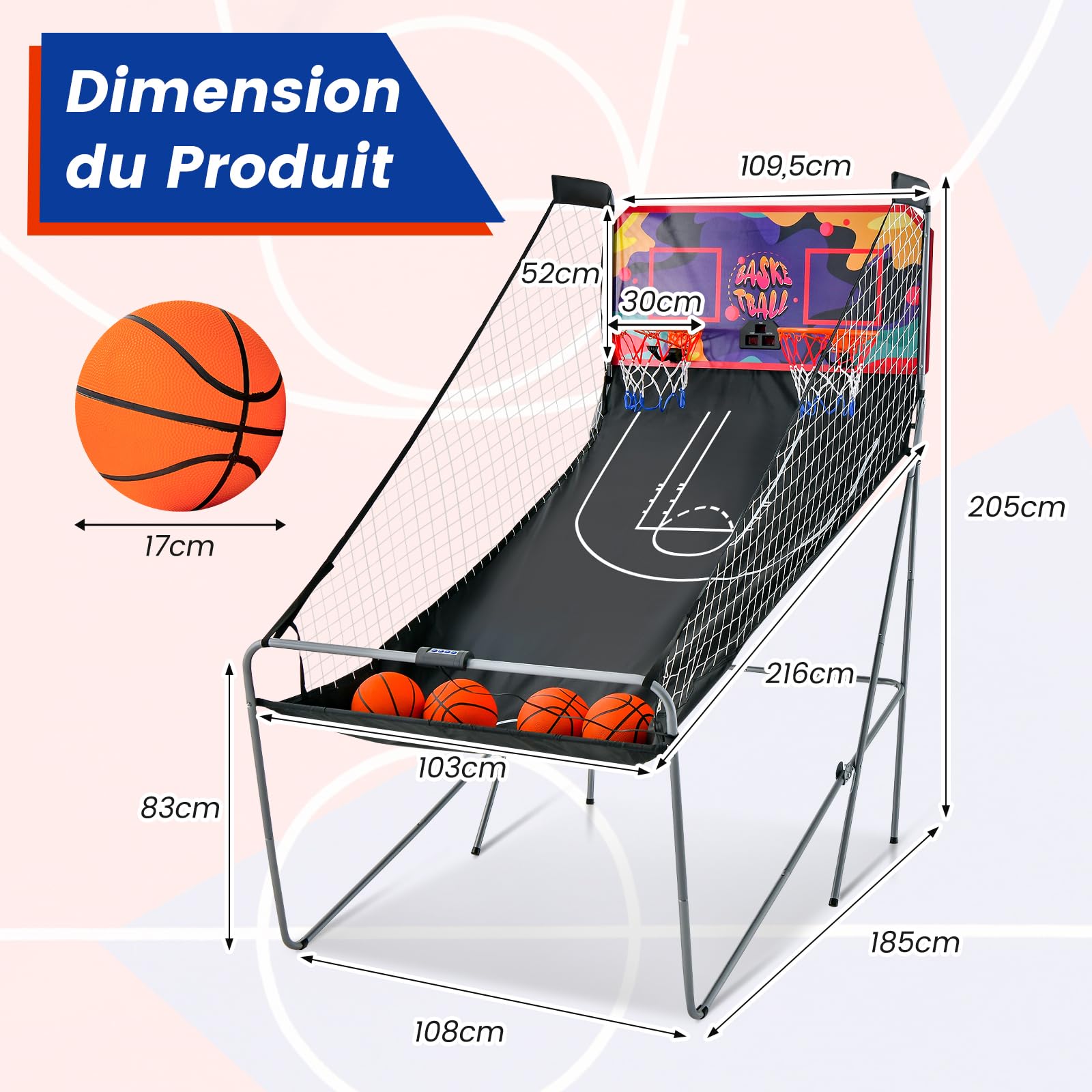 GYMAX Panier de Basket-Ball, Jeu d'Arcade de Basket-Ball Pliable à Double Tir, avec 8 Mode de Jeu, Score Électronique, 4 Balles, Pompe, pour Extérieur et Intérieur, Installation Facile