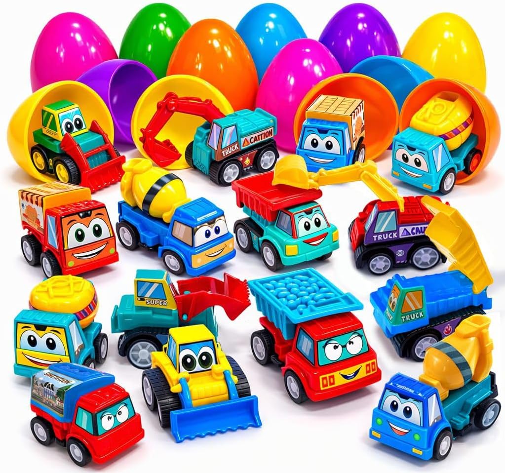 stargo 24 Pack Colorful Prefilled Easter Eggs bulk with toys - Mini Car set Construction Engineering Vehicles pull-back cars. Plastic Easter Eggs Filled, Basket Fillers, Party Favors, Boys Goodie Bags