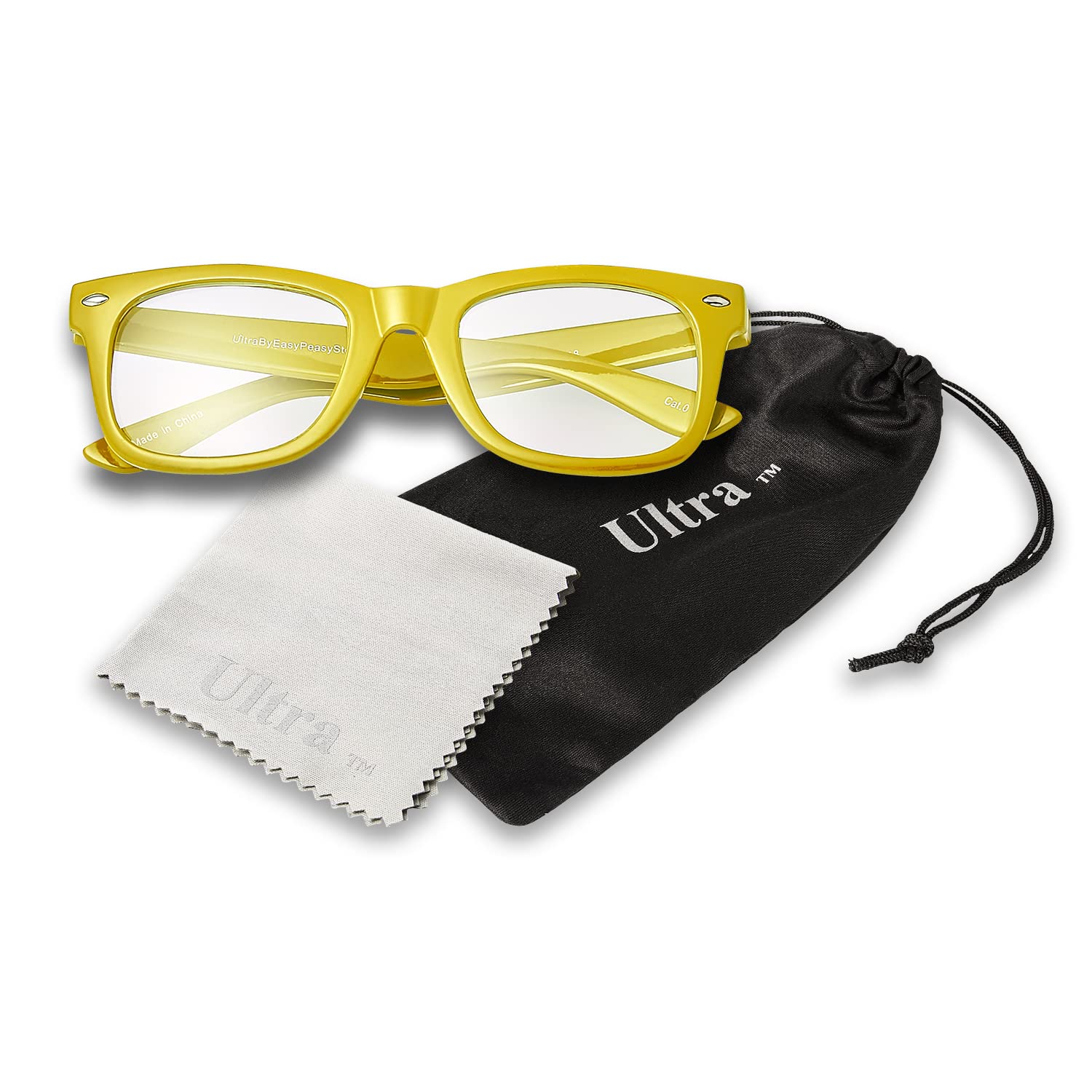 Ultra Adults Classic Fake Glasses with Clear Lenses - Retro Nerd Geek Costume Accessory for Men Women, Fancy Dress, Cosplay, Hipster Look, World Book Day - Includes Carry Pouch - Yellow