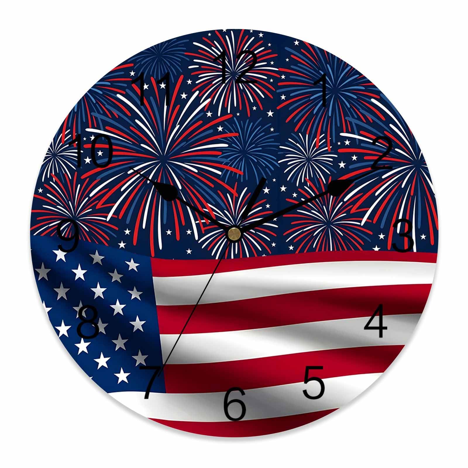 Ensound 4th of July Wall Clock American Flag Clocks Wooden Silent Non-Ticking Battery Operated Decorative Patriotic Fireworks USA Flag Round Clock for Home Living Room Kitchen Bedroom Office 12 Inch