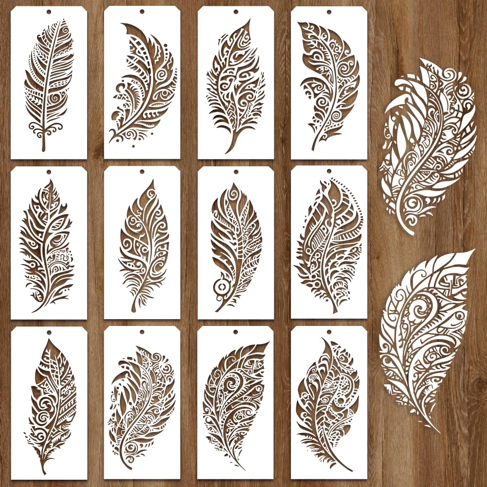 Pochoir peinture réutilisable lot de 12 plumes pour réussir vos motifs sans déborder