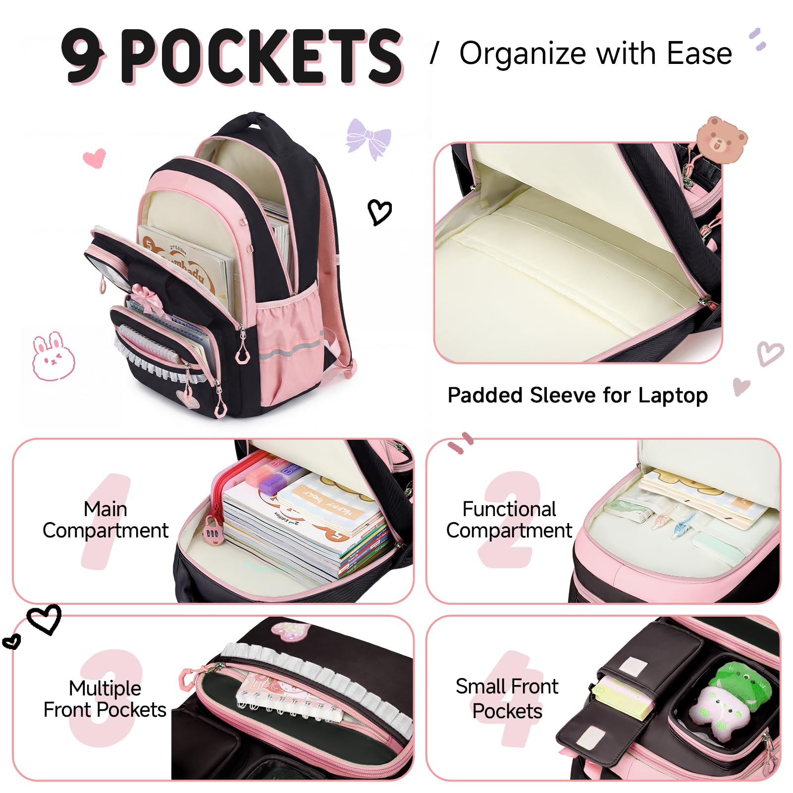 Amythe Schultasche Mädchen Rucksack Kinder 22 Liter Schwarz Rosa Reflektierend