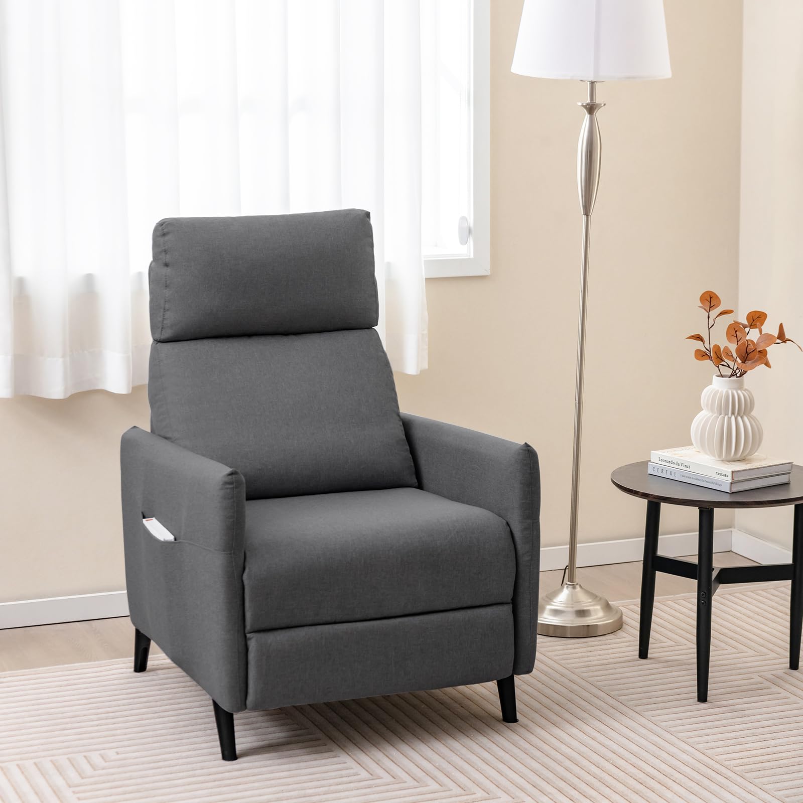 COSTWAY Fotel z funkcją leżenia, fotel telewizyjny z regulowanym oparciem i podnóżkiem, 2 kieszenie na magazynki, fotel relaksacyjny z tkaniny lnianej, pojedyncza sofa do salonu, sypialni (ciemnoszary