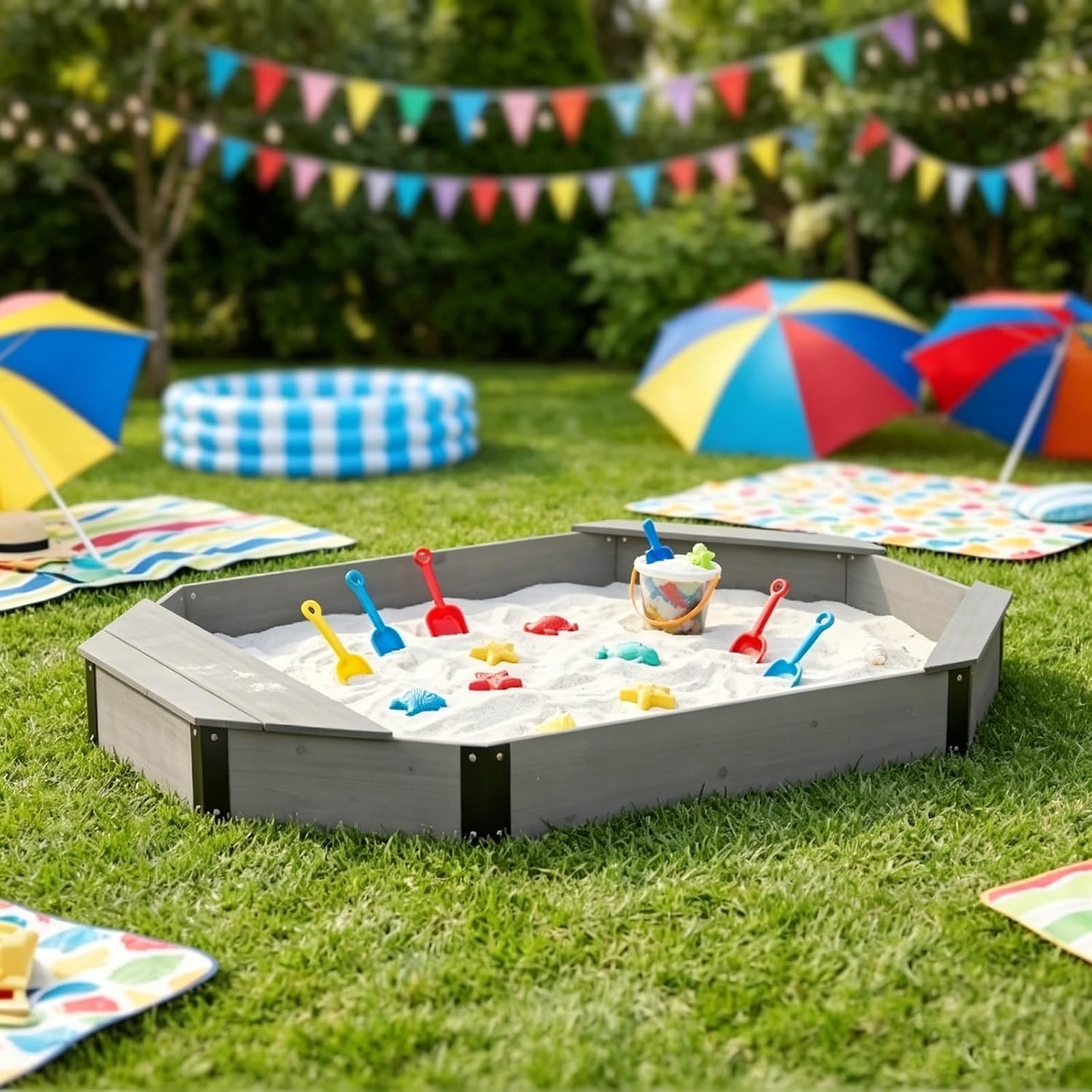 Large Hexagonal Sandbox with Built-in Seats, Outdoor Wooden Sand Pit for Multiple Users, Backyard Sandbox with Liner for Gatherings, Garden, Patio, Open-Air Sand Play Area