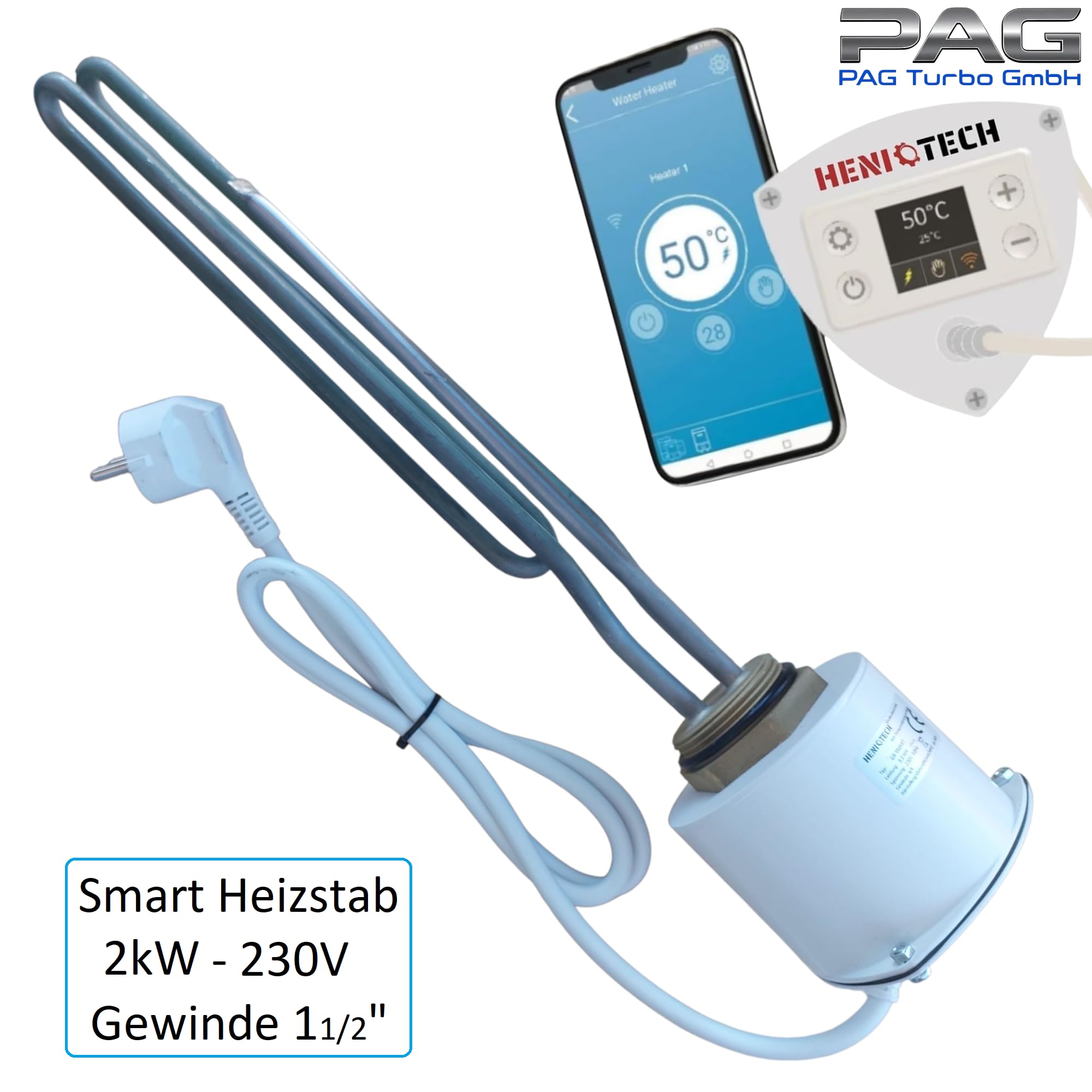 Smart Elektroheizstab 2kW 6/4" Heizpatrone für Boiler mit Wifi Steuerung und Thermostat