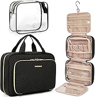 BAGSMART Hanging Toiletry Bag - TSA Approved Travel Makeup Organizer for Full-Sized Toiletries, Medium Black Peachskin Fabric