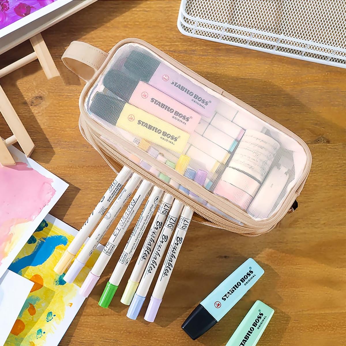 Clear Pencil Case for Exams Large Capacity Transparent Mesh Pencil Case with 2 Compartments Zipper - Image 2