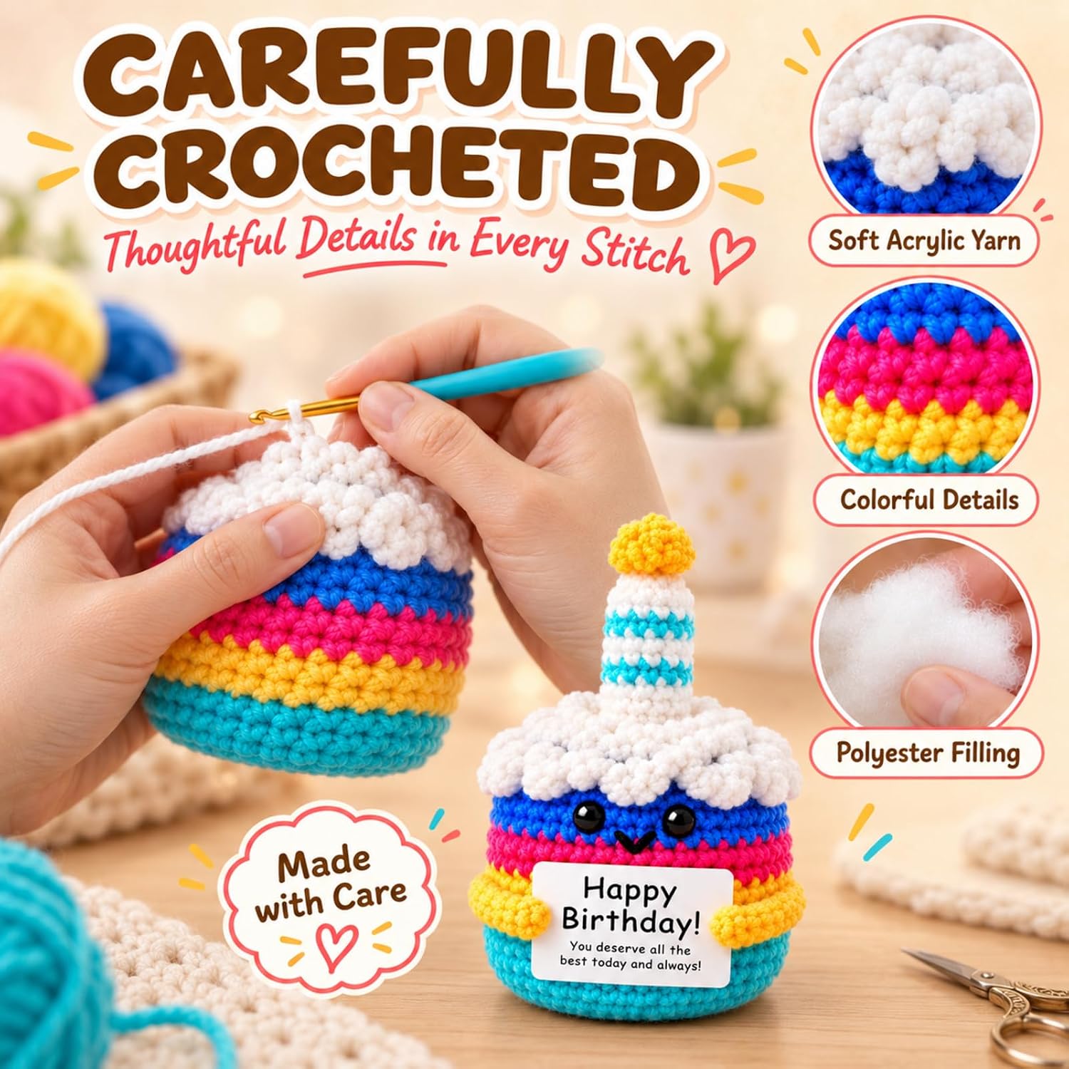 Birthday Gifts for Women,Handmade Happy Birthday Crochet Cake Decoration