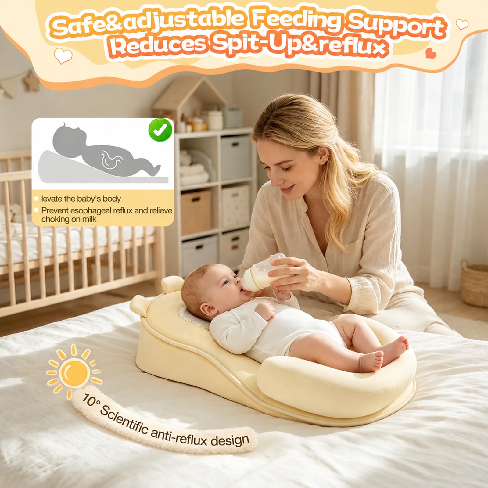 Cuscino per allattamento per bambini, ergonomico, in memory foam, per mamme, con cintura di sicurezza regolabile, cuscino a cuneo per il reflusso e la riduzione del sputo, supporto per l'allattamento