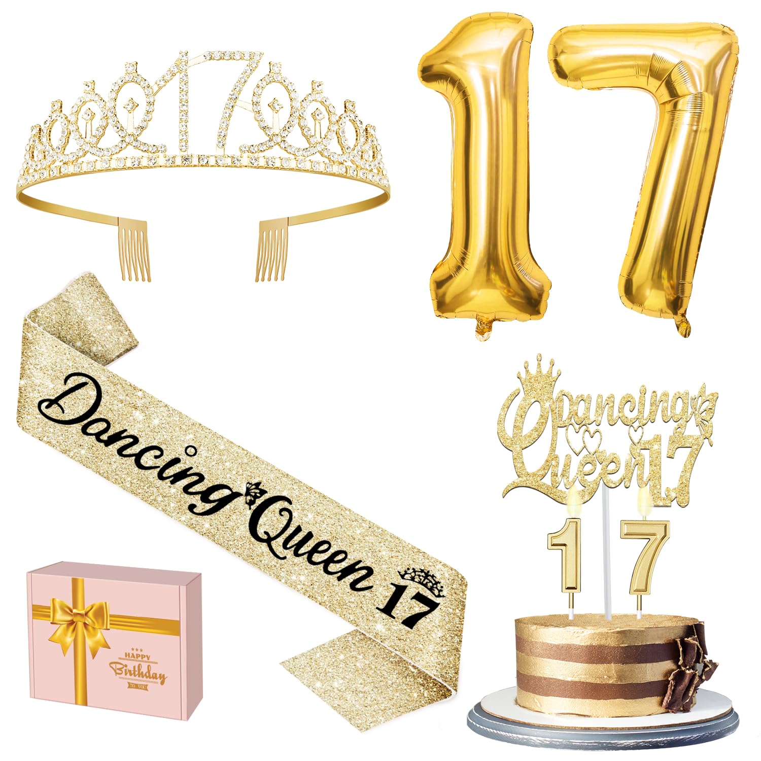 Dancing Queen Party Decorations 17 with Gold Dancing Queen Sash and Tiara, Cake Topper and Candles, Number Balloons Gold for 17th Birthday Decorations for Girls