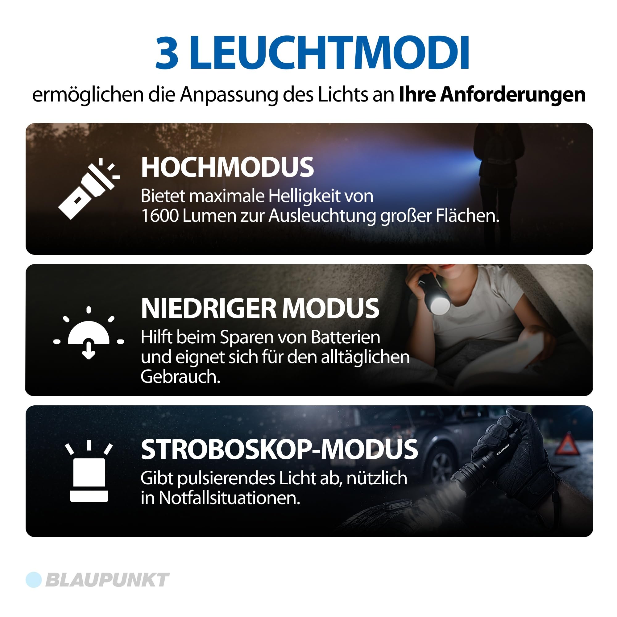 Blaupunkt Taschenlampe, 1600 Lumen Suchscheinwerfer, 6x AA ohne Batterien | 300 m Leuchtweite, LED Suchstrahl, Spritzwassergeschützt IPX4, 10 Std. auf Niedrig – für Rundgang und Grundstück