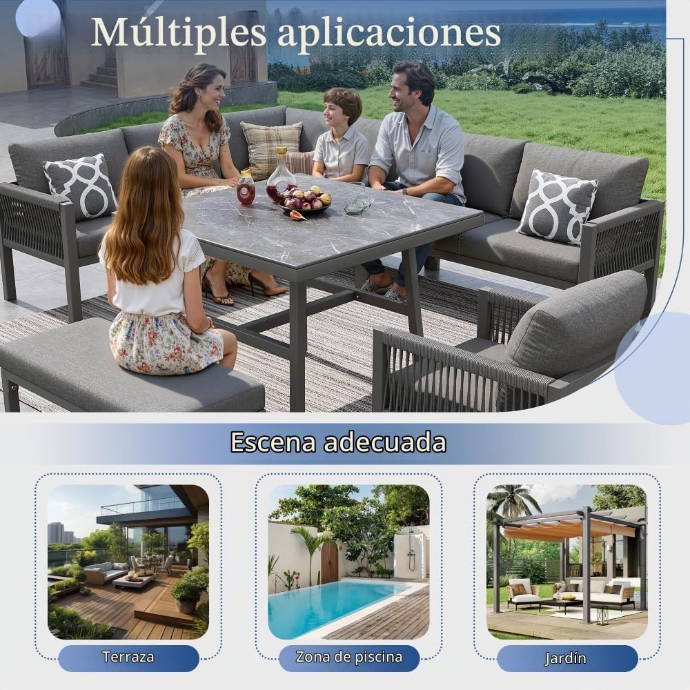 Conjunto de sofás de Exterior en Forma de L para 6-8 Personas, sofá Combinado de jardín Tejido a Mano, Conjunto de terraza con 1 Mesa (Madera y Vidrio) y 1 sillón, Muebles de jardín(Gris)