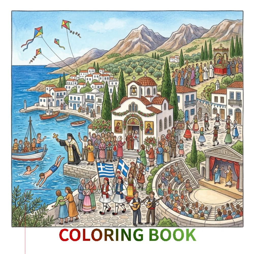 Beautifully hand-drawn coloring book that celebrates the rich traditions and vibrant spirit of the festivals of Greece: A Cultural Coloring Book of ... and National Celebrations for Kids and Adults