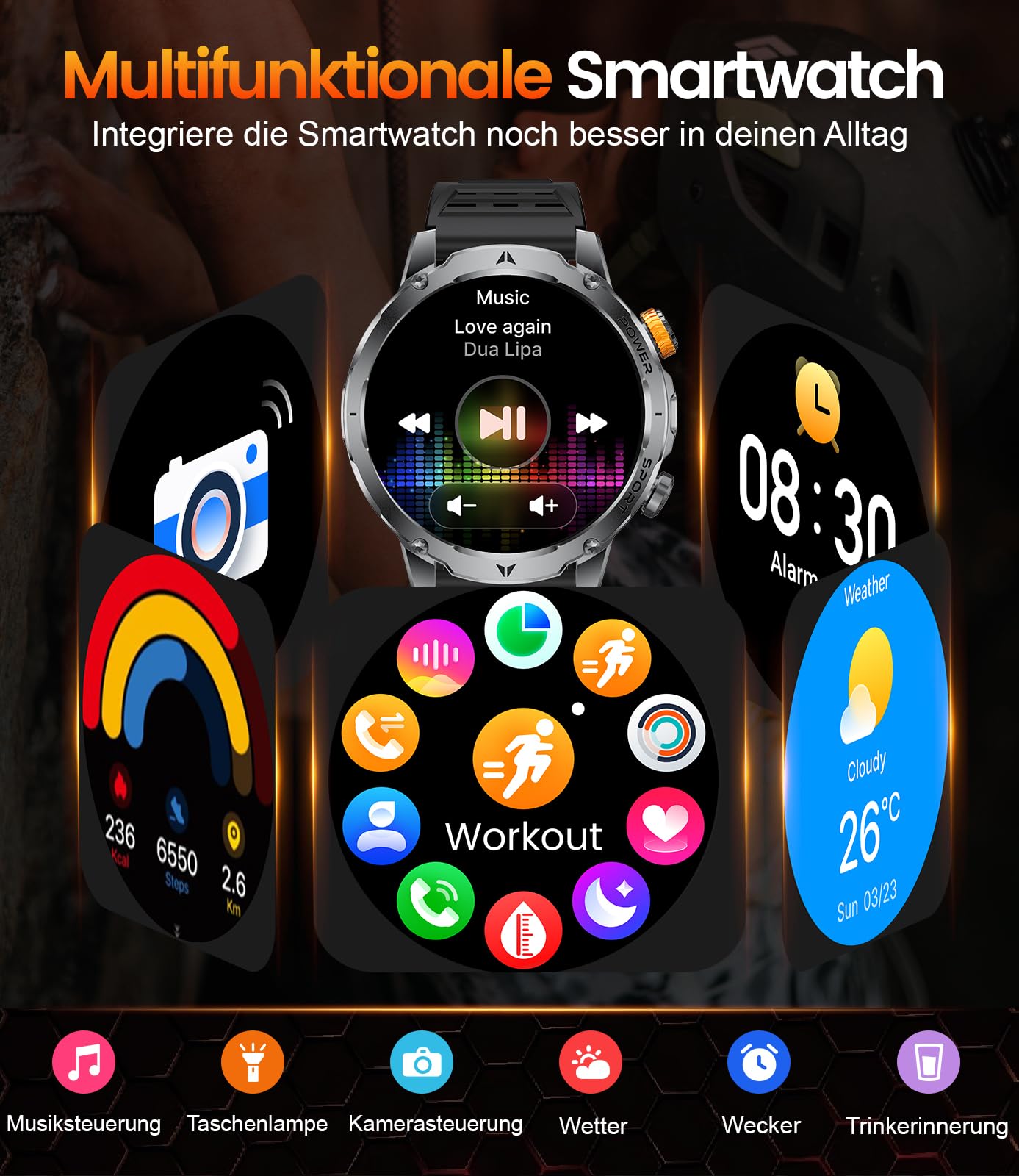Smartwatch da uomo con batteria da 1000 mAh, con grande display HD da 1,7", con torcia, chiamate Bluetooth, oltre 120 modalità sportive, impermeabile IP68, orologio fitness con monitoraggio della