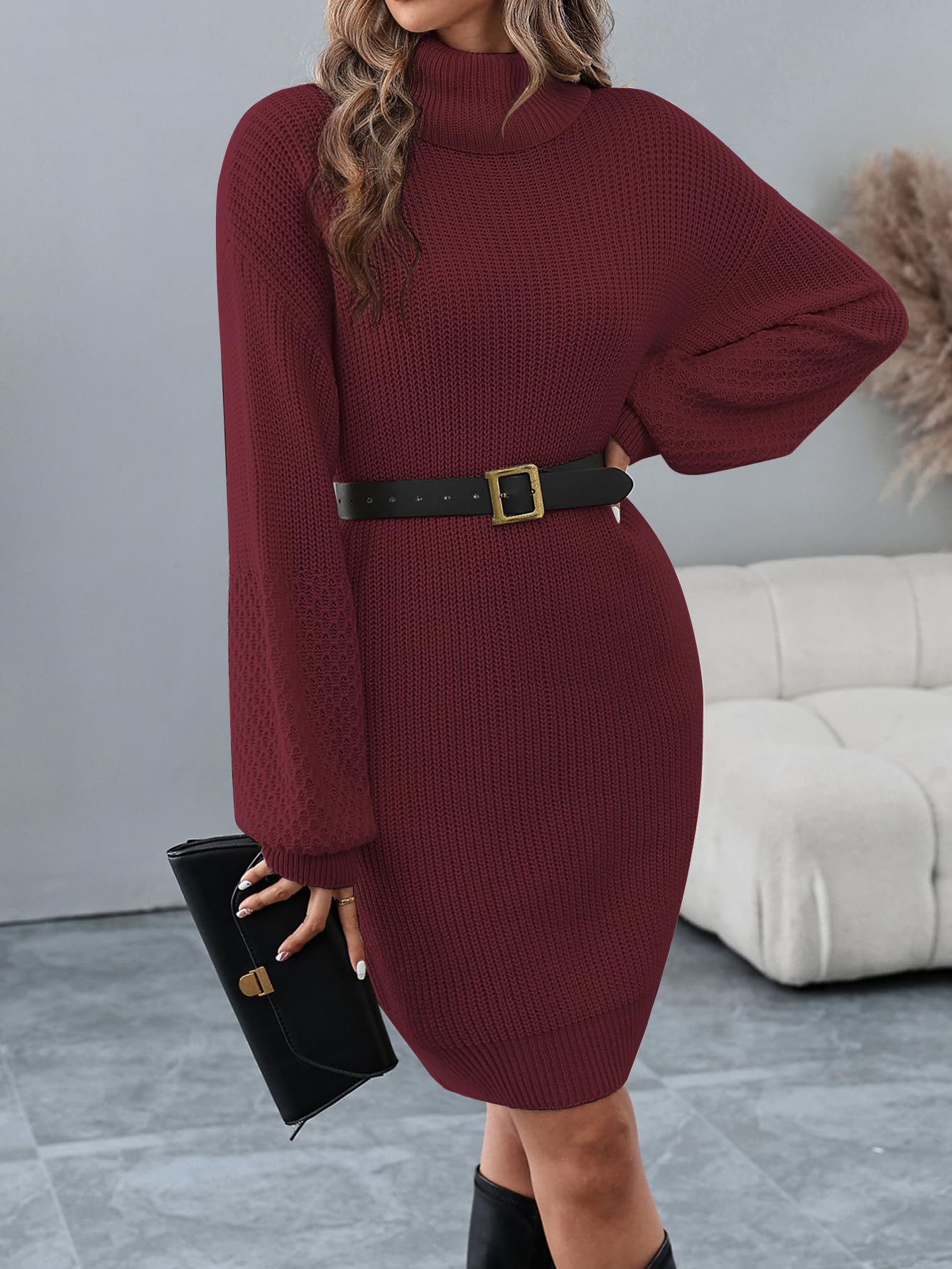Strickkleid Damen Rollkragen Ballonärmel Rippstrick Locker Langarm kleid