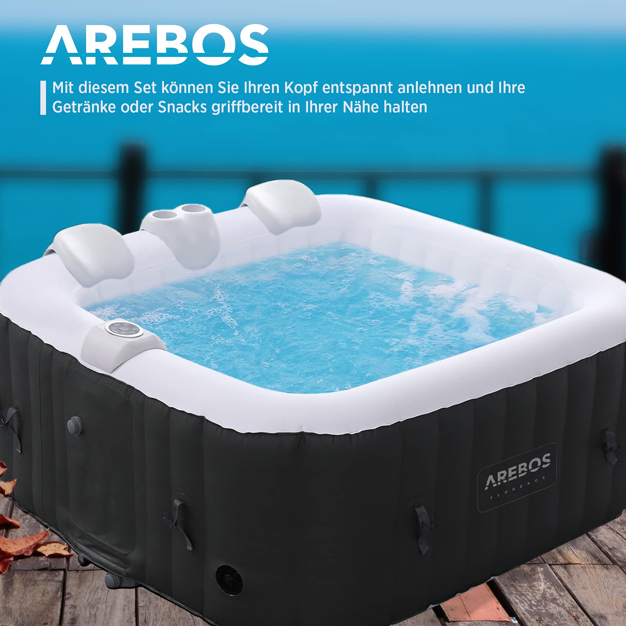 Arebos Komfort-Set 2 Nackenkissen + Getränkehalter für Whirlpool | weiß | 100% wasserdicht | ergonomisch geformt | PU Schaum