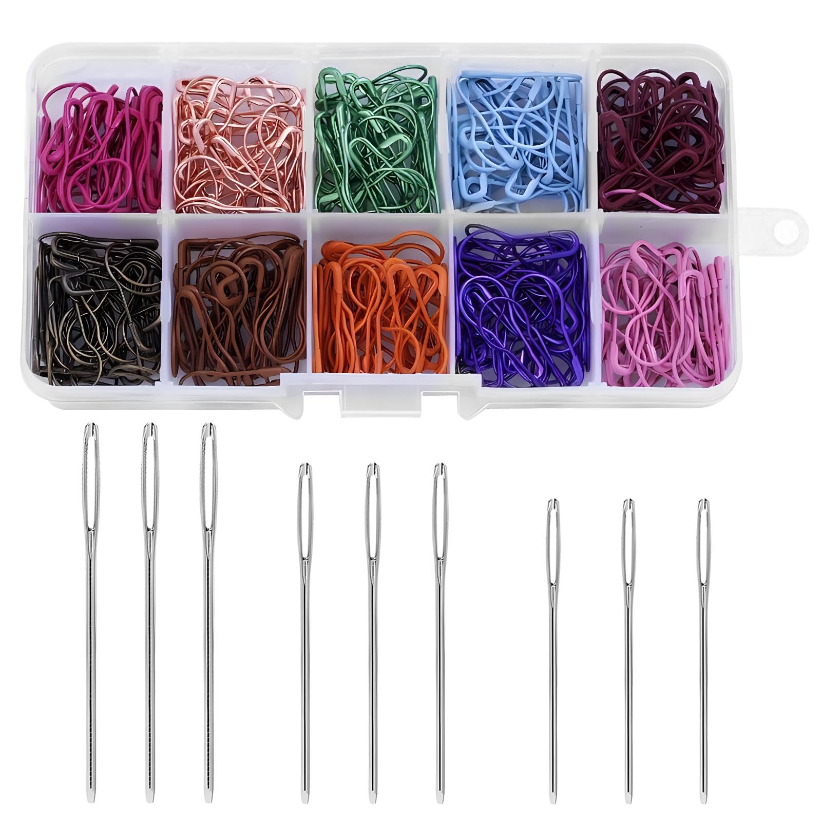 AUTUUCKEE Marcadores de punto de ganchillo de colores, 309 piezas de accesorios de punto con 9 agujas romas para coser a mano con ojos grandes