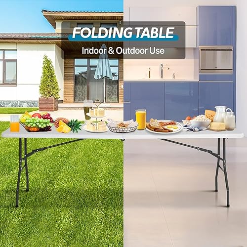 Miniatura 7 de Dkeli Mesa plegable portátil de 8 pies, mesa de picnic plegable resistente para acampar al aire libre, interior, picnic y fiesta, plegable por la