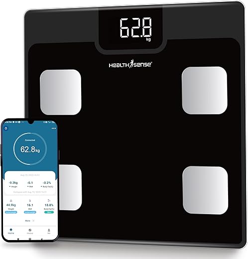 HealthSense Bluetooth BMI Weight Machine for Body Weight, Digital Body Fat Analyzer & Smart Body Composition Scale with Mobile App, 12 Body Parameters, LED Display & 1 Year…