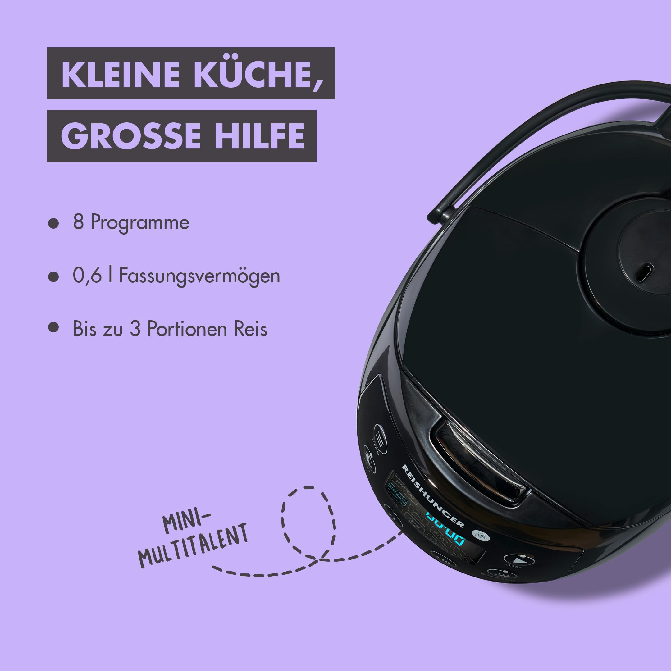 REISHUNGER Digitaler Reiskocher klein – 0,6 L bis 3 Personen – Schwarz | Warmhaltefunktion, Timer & Premium Topf – Kleiner Multikocher & Dampfgarer – 8 Programme, 7-Phasen-Technologie