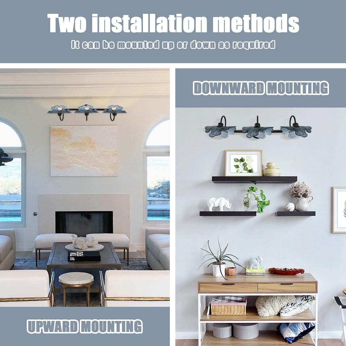 3 Light Bathroom Vanity Light Black wall Sconce with Blue Flower Glass Shade Bathroom wall Light Vintage wall Sconce Art Deco Vanity Lights Over Mirror for Bedroom Hallway Living Room