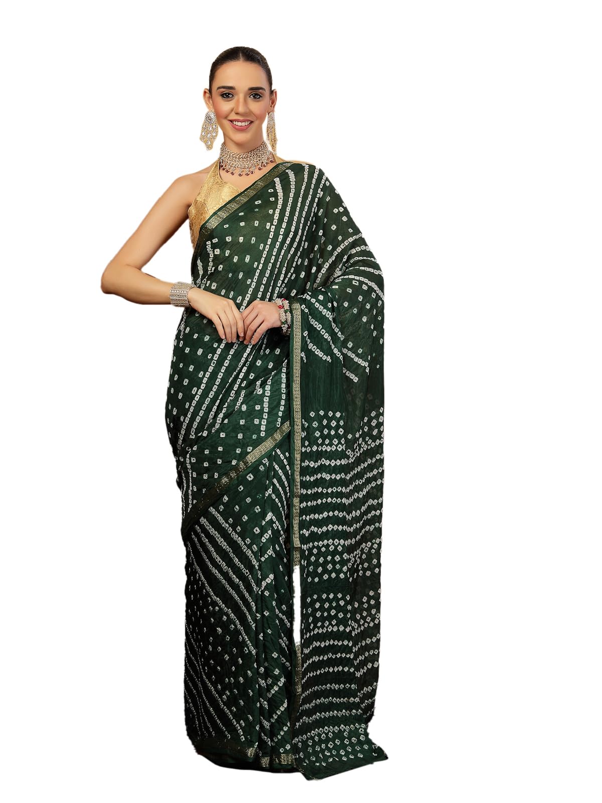 kishori Womens Bandhani Silk Bandhej Tie-Dye Zari Weaving Saree and Unstitched Blouse Piece (Bottle Green)-picture-38