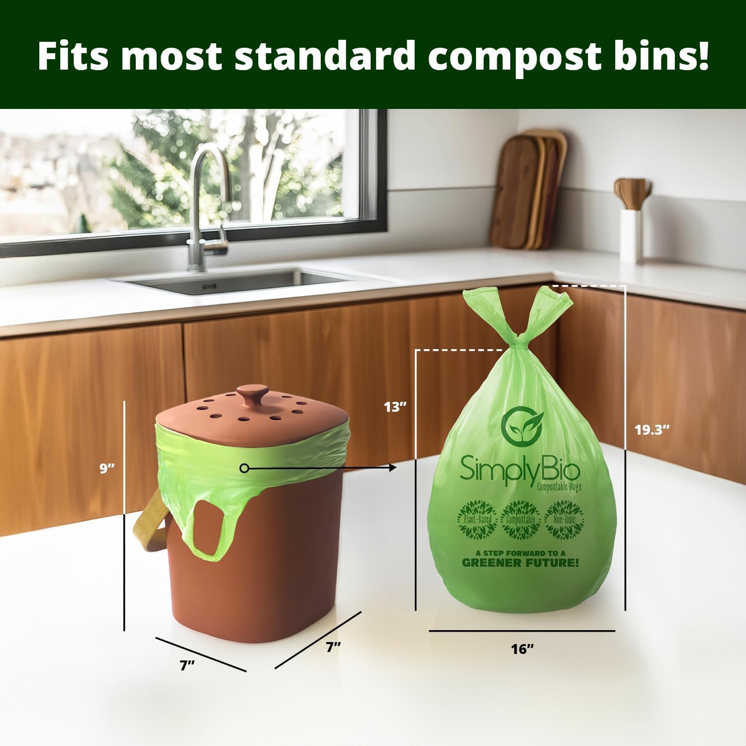 1.6 Gallon Compostable Trash Bags Food Waste Bags with Handles, 0.6 Mil, 6.06 Liter, 50 Count, Small Kitchen Food Scrap Waste Bag, ASTM D6400, US BPI and OK Compost Home Certified